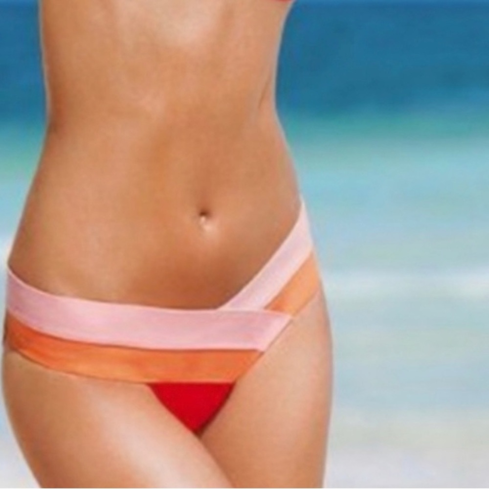 Hot Tuna Bandage Bikini Bottom Color Block Red Pink Orange Swimwear Medium NEW